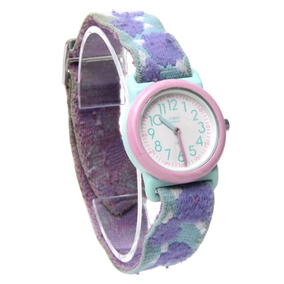 Vintage TIMEX Pastel Watch Floral Elastic Band Plastic Stainless Steel Pink Aqua - Picture 9 of 9